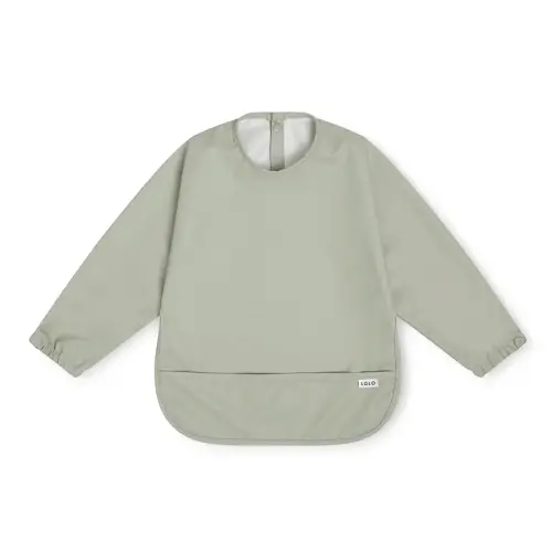 Lalo Long Sleeve Baby Bib, Waterproof, Elastic Cuffs, Large Catch-All Pocket, Recycled Polyester, Ages 6-24 Mo., Sage
