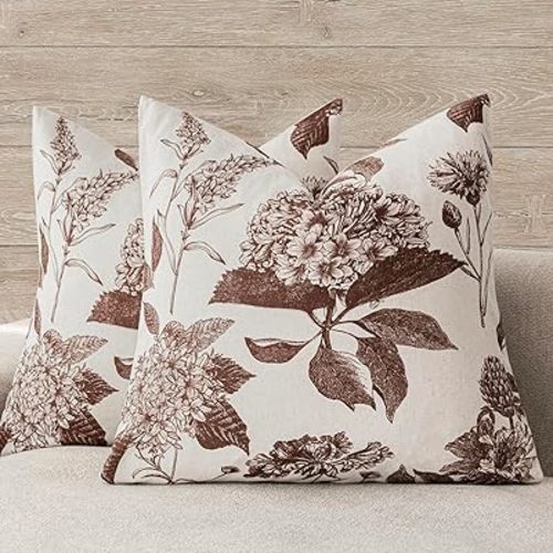 Foindtower Set of 2 Linen Floral Throw Pillow Covers Neutral Vintage Print Decorative Cushion Covers Farmhouse Boho Home Decor for Sofa Chair Couch Bedroom Living Room,18×18 Inch,Dark Brown