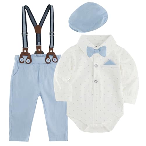 GLEAMING GRAIN Boys Clothes Set Infant Tuxedo Long Sleeve Gentleman Suit Outfits Beret Hat Suspender Pants Bowtie Baby 0-18M