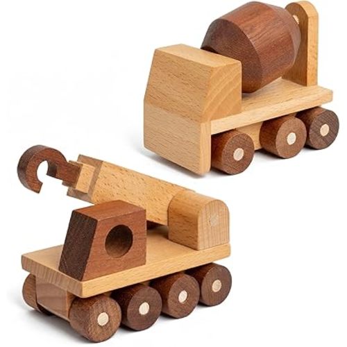 Wooden Toy Cars for 3 Year Old Boys & Girls - Construction Vehicles Set Push Toys for Toddlers, Wood Montessori Car with Rolling Wheels, Natural Wood Toys (Crane & Concrete Mixer Truck)