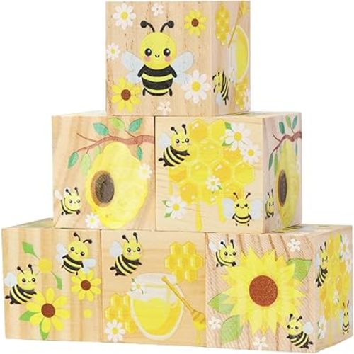 6 Pcs Nursery Decor Blocks, Wooden Nursery Decor for Girls and Boys, Wooden Shelf Decor Bedroom Playroom Decor for Kids Birthday Baby Shower Table Decorations Gifts (Bee)