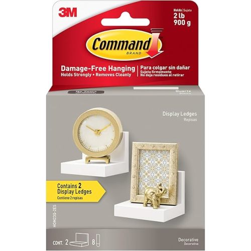 Command Display Ledges, Holds up to 2 lb, Quartz, 2 Ledges with 8 Medium Strips, Damage-Free Hanging Floating Shelf with Adhesive Strips, Personalize Living Room, Bedroom, Kids Room or Office