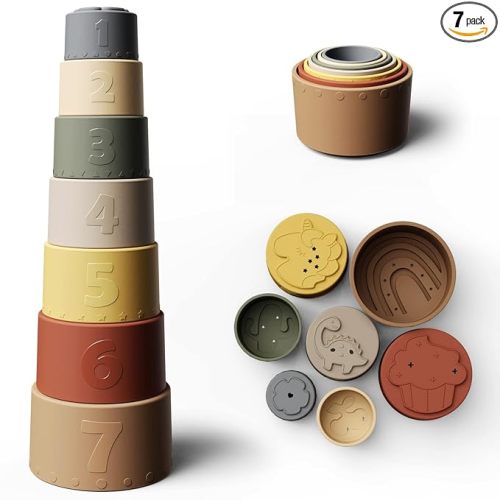 Moonkie Stacking Cups Toy, Fun Educational Baby Toys Silicone Soft Teething Toy, Age 6+ Months, 7 Piece Set