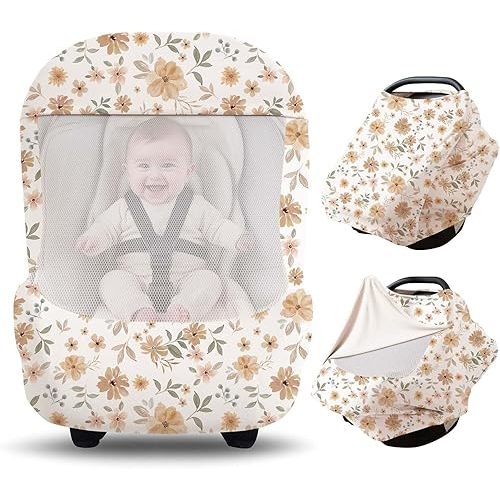 Konssy Baby Car Seat Cover with Breathable Mesh Window, Stretchy Windproof and Sunshade Canopy for Infant Car Seats, Boys and Girls