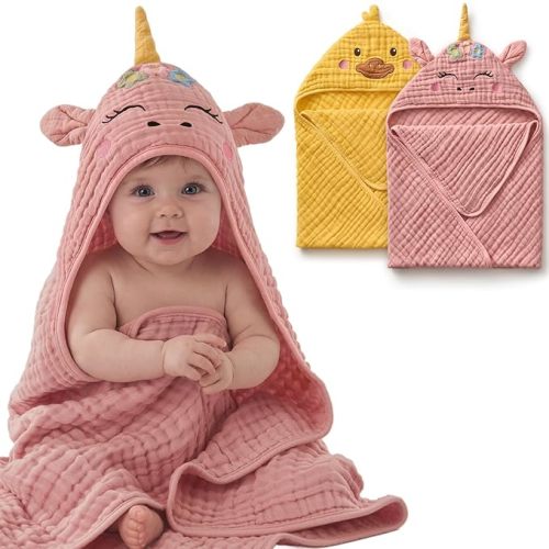 Blissful Diary Muslin Baby Hooded Towel 2 Pack, Soft & Absorbent Bath Towel for Infant, Toddler, Unisex, Baby Gift, Newborn Essentials, Sunny Duck & Dreamy Unicorn