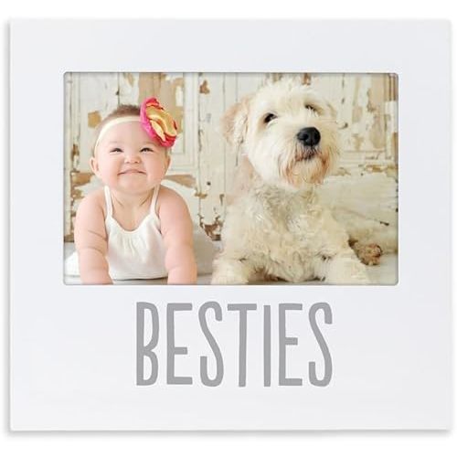 Pearhead Bestie and Baby Keepsake Frame, Wood Photo Frame for Baby and Pet, with Easel Back and Wall Hanger, Perfect Gender Neutral Nursery Decor and Shower Gift, White