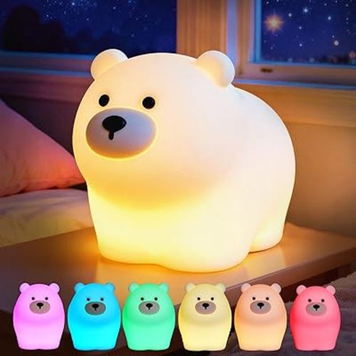 Polar Bear Night Light, Bear Gifts, Cute Soft Silicone Squishy LED Lamp with 7 RGB Colors, Dimmable, Timer, Touch Control, Kids' Bedroom Decor