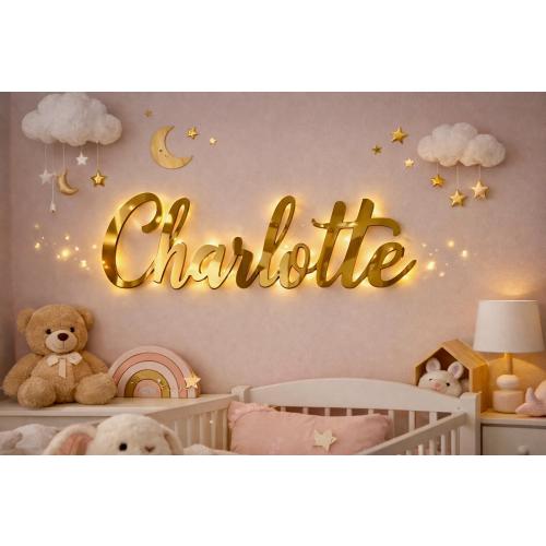 Personalized LED Name Sign, Gold Acrylic Custom Name Wall Decor, Baby Nursery Name Sign, Light Up Name, Modern Home Decor