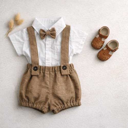 Baby Boys Linen Outfit, Suspender Bloomers, Vintage Style First Birthday Cake Smash Photo, Brown Linen