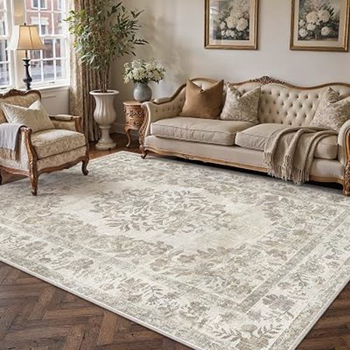 PureCozy 5x7 Washable Area Rug Living Room Cream Beige Vintage Carpet