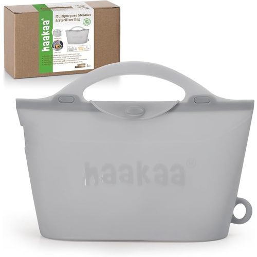 Haakaa Silicone Microwave Steamer & Steriliser Bag, 70oz/2000ml Large Capacity Reusable Steaming Bags for Baby Bottles, Breast Pump, Accessories, Pacifiers,Teethers, Great for Home&On The Go, Grey/1PC