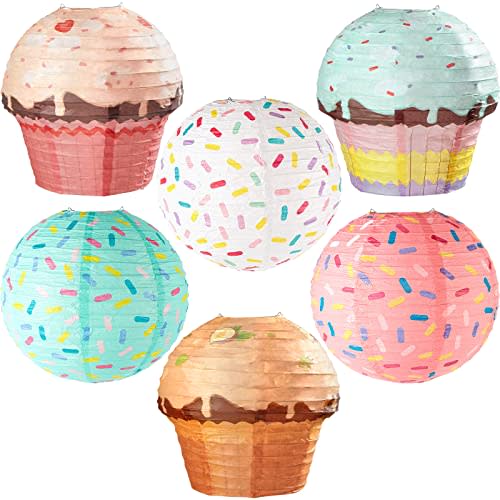 Hortsun 6 Pcs Donut Party Hanging Paper Lanterns Sprinkle Party Cupcake Hanging Paper Lanterns Sprinkle Decorations for Birthday Baby Shower Supplies