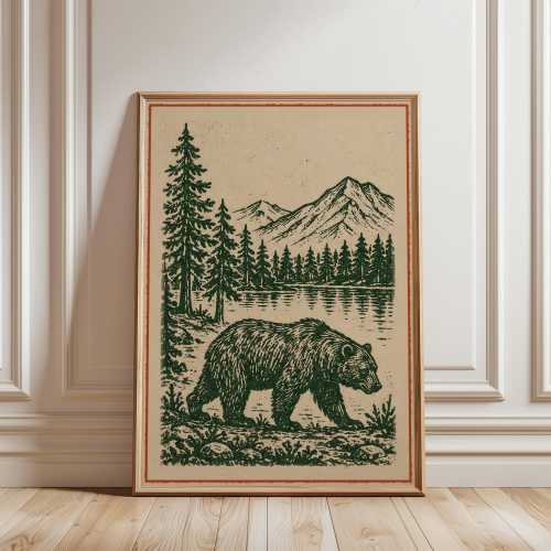 Vintage Bear Mountain Poster, Woodland Wildlife Wall Art, Rustic National Park Print Decor