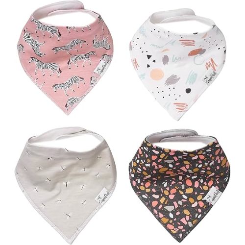 Copper Pearl 4 Pack Soft Cotton Baby Bibs for Drooling and Teething, Absorbent Drool Bibs for Baby Girl and Boy, Adjustable to Fit Newborns to Toddlers, Tons of Styles (Zella)
