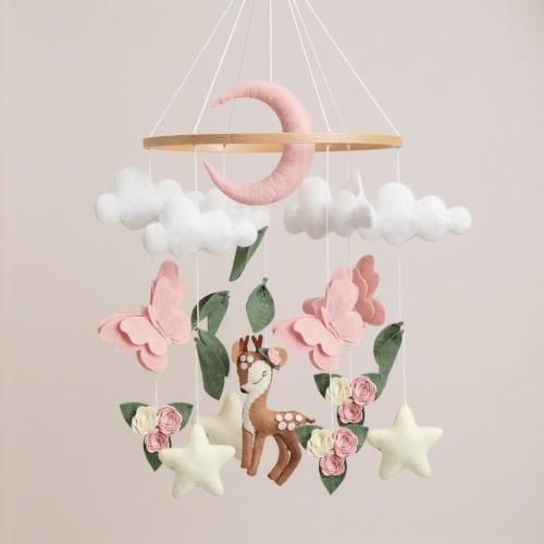 Pink Deer Baby Mobile | Woodland Nursery Crib Mobile for Baby Girl | Felt Butterfly Flower Moon Star Nursery Decor | Fawn Cloud Mobile
