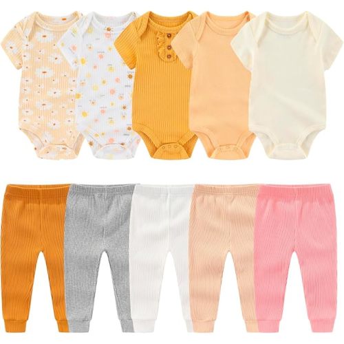 Newborn Baby Layette Gift Set 10-Piece Baby Boy Girl Short Sleeve Bodysuits with Pants Infant Outfit Essentials