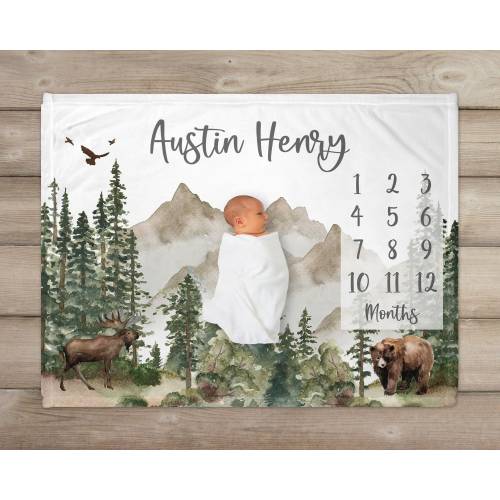 Woodland Milestone Blanket, Personalized Baby Blanket, Monthly Growth Tracker, Woodland Animals, New Baby Gift, Baby Shower Gift, Baby Boy,