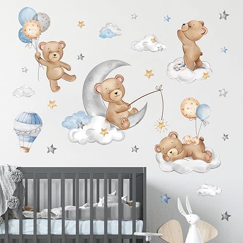 decalmile Bear Sleeping on The Moon Hot Air Balloon Wall Decals Stickers