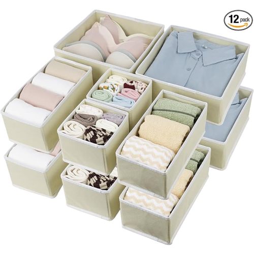 Drawer Organizer Clothes, Foldable Fabric Dresser Organizer Closet Organizers and Storage Box for Underwear,Folded Clothes,Baby Clothing,Socks,Bra,Towels,Ties(12 Pack,Yellow)
