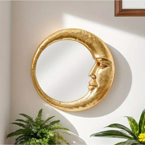 Dakota Fields Golden Face Crescent Moon Round Decorative Hanging Mirror | Wayfair