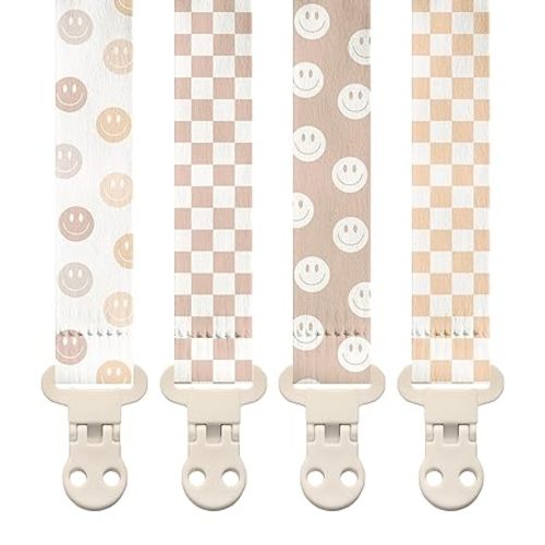 Stadela Baby Pacifier Clip Holder - Girl or Boy Unisex 4 Pack Gift Set - Retro Checker and Smiley Faces Design