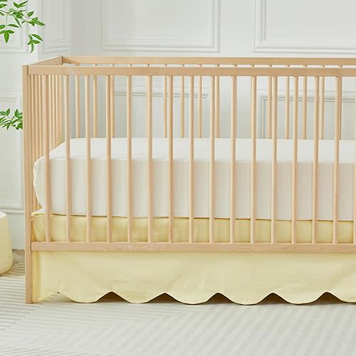 Brandream Scallop Edge Cotton Crib Skirt Toddler Bedskirt Baby Nursery Crib Bed Skirt Boho Bohemian Neutral Solid Color Light Yellow Farmhouse Chic Bedding Skirt