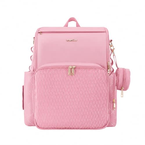 Stylish Baby Diaper Bag, Baby Bag with Changing Pad, Pacifier Case& Stroller Straps, Large Diaper Backpack Boy Girl, Water Resistant Travel Diaper Backpack(Pink)