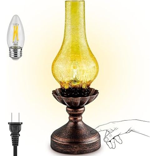 Touch Control Vintage Table Lamp | 3-Way Dimmable Rustic Retro Farmhouse Bedside Lamp with Amber Glass Shade and LED Bulb for Bedroom, Living Room, Cabin, Office