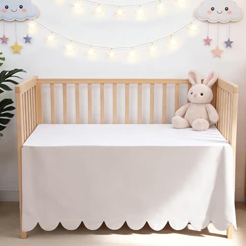 Shunjie.Home Scallop Edge Crib Skirt Ivory, 100% Egyptian Cotton 400 Thread Count Crib Skirt Dust Ruffle,Double Layer,Durable,Smooth Toddler Bedding Skirt for Baby Girls or Boys, 52"X 28" with 14"