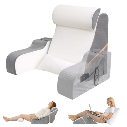5PCS Reading Pillow for Sitting in Bed Adult, 2 in 1 Foldable Back Wedge Pillow for Sleep, Ergonomic Back Support Pillow with Arms for Watching TV, Gaming, Working, Recovery, 19” White/Grey