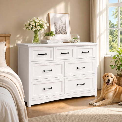 47" Large Dresser for Bedroom, 7-Drawer Dresser with Metal Handles - Solid Wood Storage Chest for Bedroom & Living Room - White