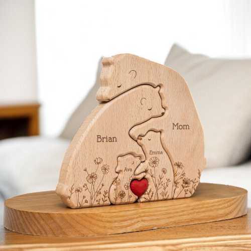 Hugging Bear Family Floral Puzzle, Personalized Wooden Bear Family Puzzle, Custom Birthday Gift, Wooden Animal Carvings, Family Home Decor