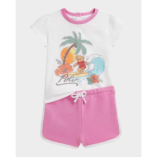 Girl's Polo Bear Jersey T-Shirt & Terry Shorts Set, Size 3M-24M