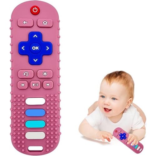 ROBBEAR Baby Teething Toys, Food Grade Silicone Teether for Babies 3 6 12 18 Months, TV Remote Shape Toddlers Chew Toys, Freezer BPA Free (Pink RC)