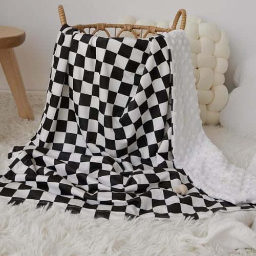 Checkered Baby Blankets for Boys, Comfy Durable Blanket with Double Layer Dotted Backing Checkerboard Grid Chessboard Gingham Bed Blankets for Newborn Infants Black, 30x40 Inches