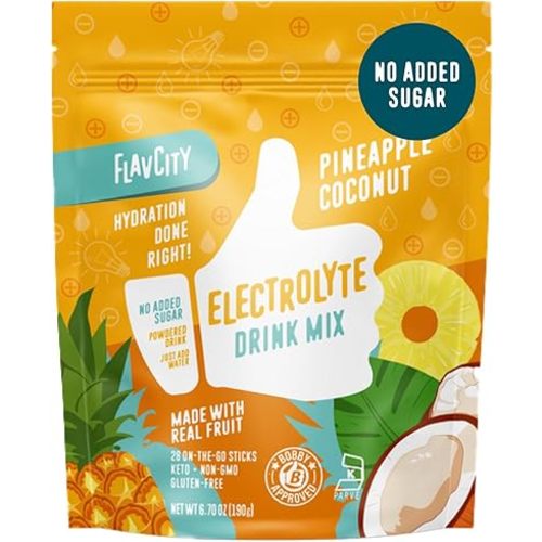 FlavCity Pineapple Coconut Electrolytes Powder Packets - 28 Hydration Packets - No Added Sugar - Hydration Powder with Real Fruit & Unrefined Sea Salt - Keto & Gluten-Free (28 Stick Packs)