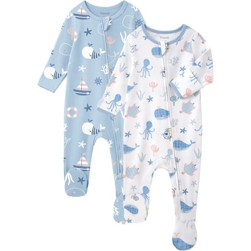 Baby Sleepers 100% Cotton Footie Pajamas, Newborn 0-3 3-6 6-9 Months with 2-Way Zipper, 2pcs PJs Baby Boy Clothes