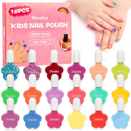 Dmsky Kids Nail Polish Set,18 Colors Peelable Water-Based Quick Dry Nail Polish for Kids,Non Toxic Nail Polish Kit for Girls Ages 3+ Diy Nail Art,Great Gift for Birthday,Makeovers and School Rewards