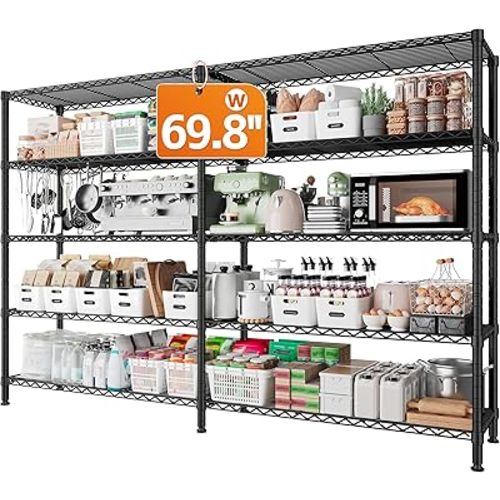 REIBII 1600LBS Storage Shelves 69.8''W Metal Shelving 5 Tier Wire Shelving Unit,Pantry Shelves Kitchen Shelves Adjustable Wire Commercial Shelf for Garage Storage Shelves, 69.8" Wx15.8 Dx72.4 H, Black