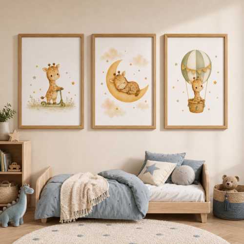 Giraffe Nursery Wall Art Prints, Safari Baby Animal Posters, Kids Room Decor