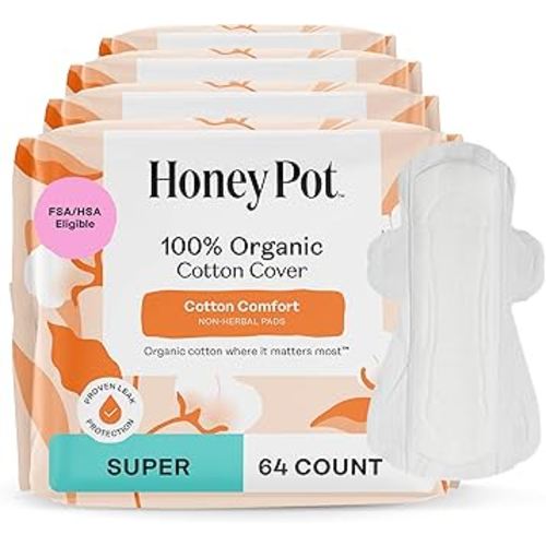 The Honey Pot Company - 64ct - Sanitary Pads for Women - Non-Herbal Super w/Wings - Organic - Cotton Cover, & Ultra-Absorbent Pulp Core - Feminine Care