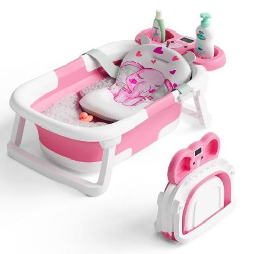 TUMAJUP Foldable Elephant Baby Bathtub for Infants and Toddlers with Soft Cushion and Thermometer-Light Pink