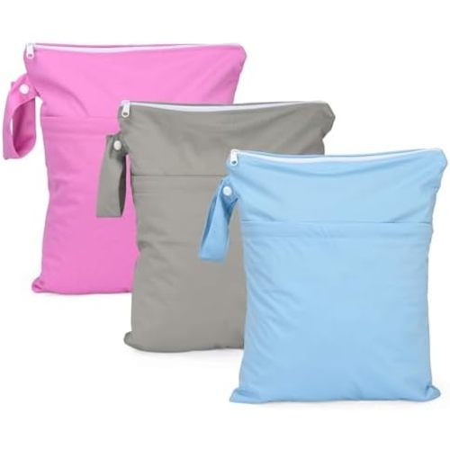 3 Pack Wet Dry Bags for Baby Cloth Diapers,Washable Travel Bags,Beach,Pool,Gym Bag for Swimsuit/Wet Clothes with 2 Pockets (11" x 14.3")-Pink,Grey,Blue