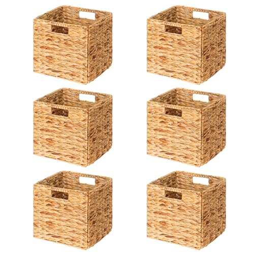 SpaceAid 6 Pack Wicker Basket, Storage Baskets for Organizing, Woven Rattan Basket with Handles for Shelves, Water Hyacinth Large Cube Organizer Storage Bin, 12x12x12 inch, Natural
