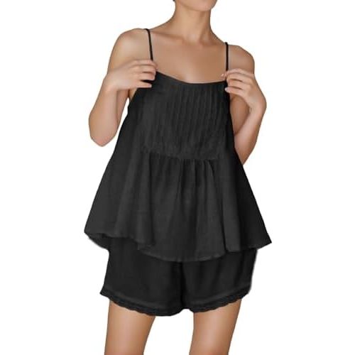 Womens Summer 2 Piece Set Sleeveless Tie Straps Ruffle Trim Top and Shorts Sets Soft Cozy Pajamas Set