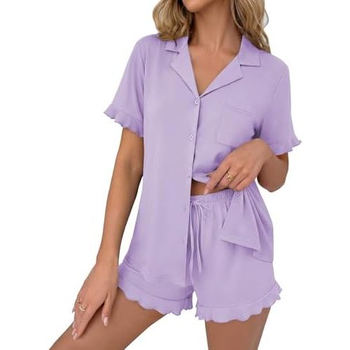 Ekouaer Pajamas Set for Women Button Down Pjs Lounge Sets Ruffle Sleepwear