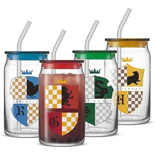 JoyJolt Harry Potter House Crests Glass Tumblers with Lids and Straws, 16oz Glass Cups with Lids and Straws, Can Shaped Drinking Glasses Set of 4, Hogwarts Cup, Harry Potter Merchandise