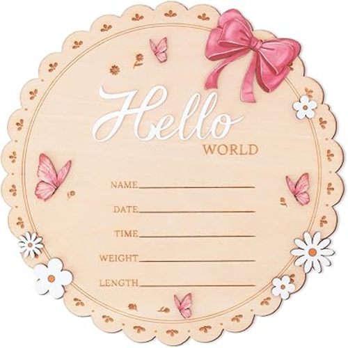 Hello World Wooden Baby Birth Announcement Sign, Pink Bow, Butterfly and Floral Design, 6.5 Inch (circle)
