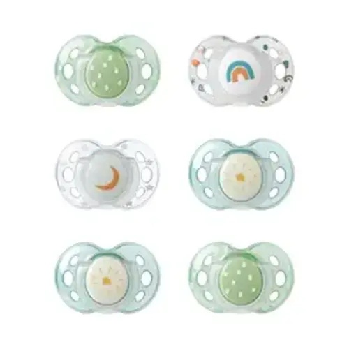 Tommee Tippee Night Time Pacifier, 18-36 Months, Symmetrical Silicone Baglet, BPA-Free Binkies, Glow in The Dark Technology, Green Rainbow, Pack of 6