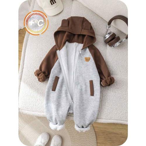 SHEIN Newborn Baby Unisex Plush Bear Hooded Jumpsuit, Casual Color Block Design, Autumn/Winter Baby Clothes, Baby Halloween Costume Newborn Baby Boy Winter Clothes Hooded Baby Jumpsuit Baby Boy Winter Jumpsuit Zip Up Baby Jumpsuit Fall | SHEIN USA